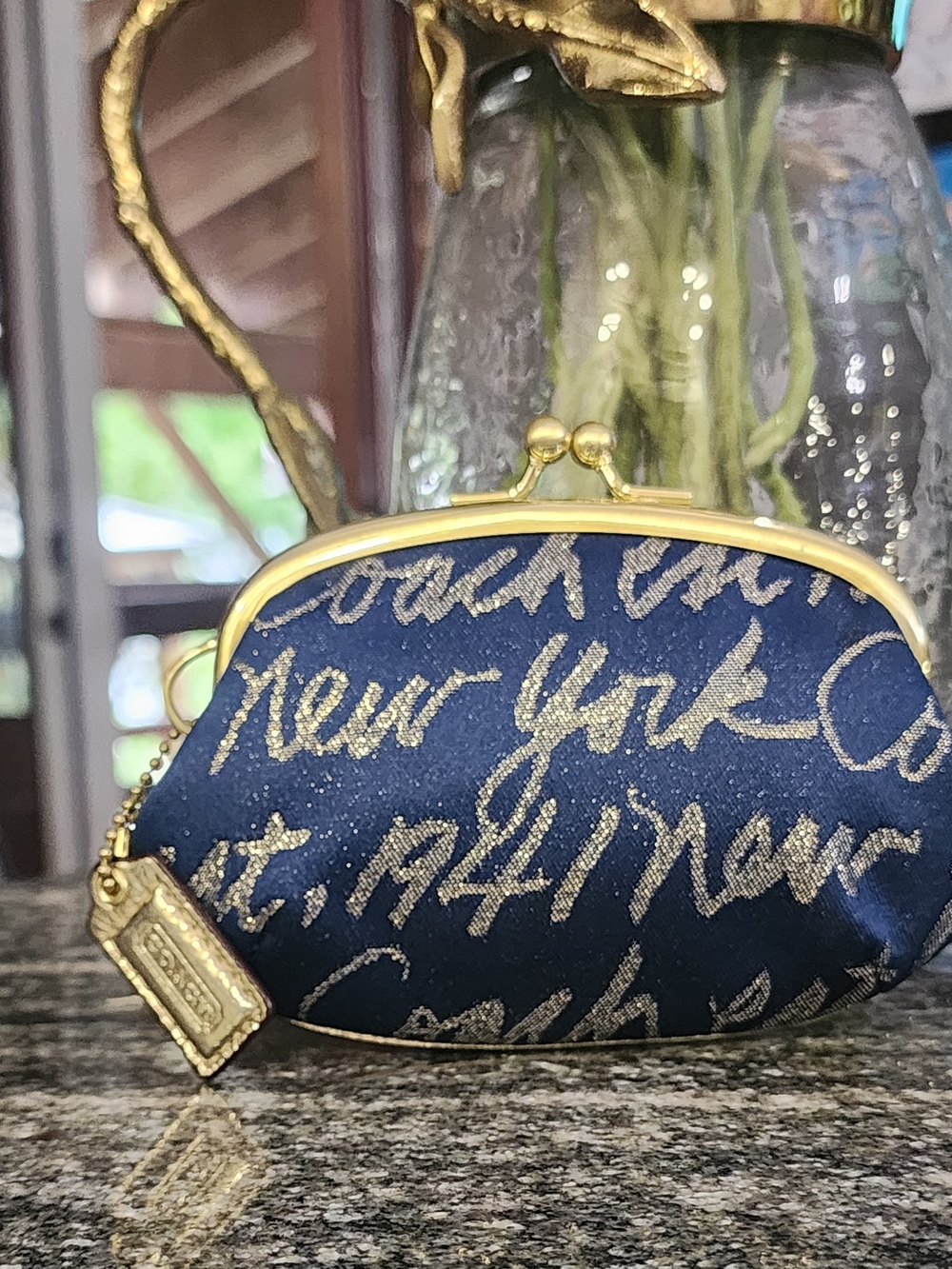 Coach Poppy Signature Script Kiss-Lock Coin Purse with Gold Accents-Style-F61036